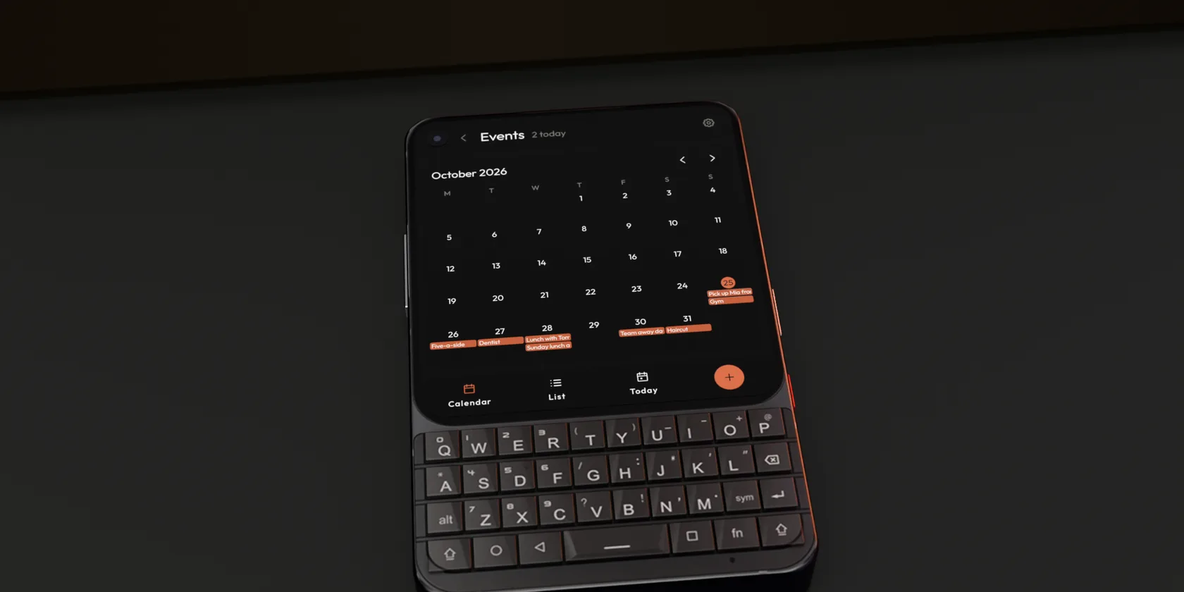 A phone lying flat on a dark desk with the calendar of a minimal Android launcher on screen