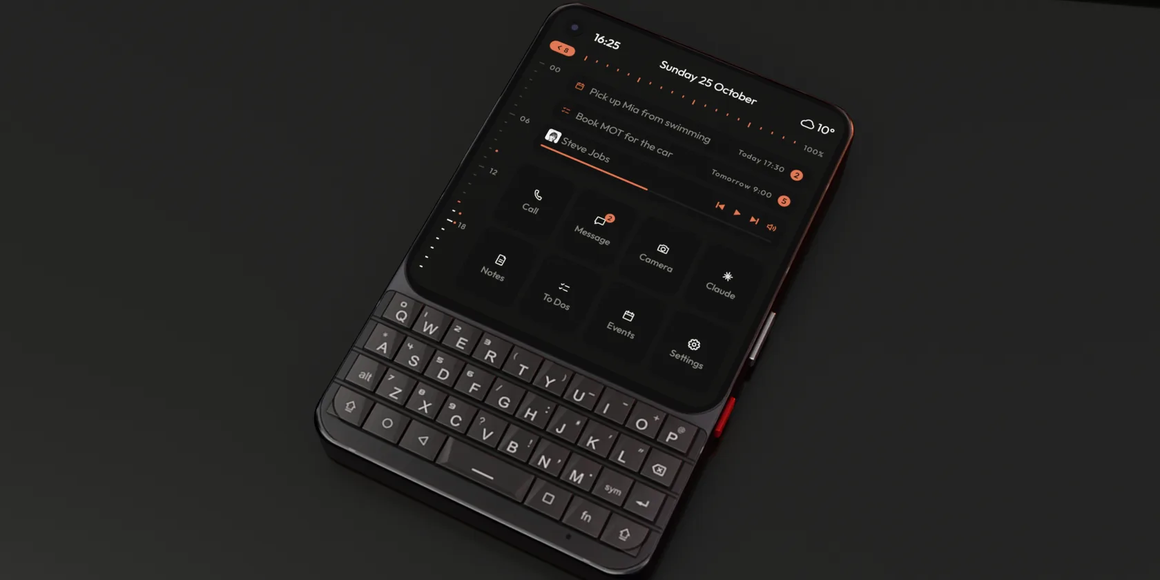Keyboard Launcher Pro on a phone lying on a dark desk, a minimal Android home screen in grey text