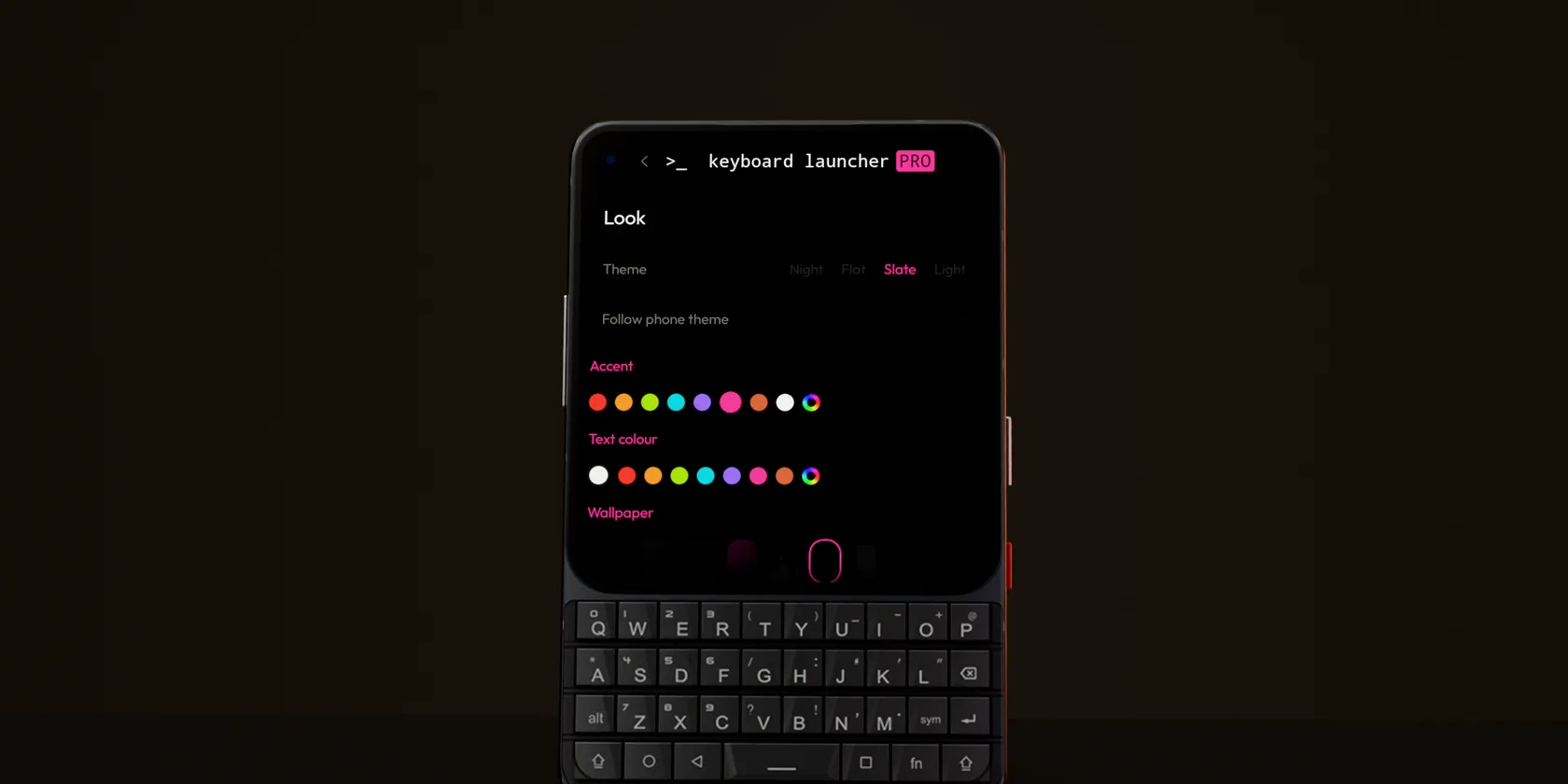 A phone on a dark desk showing the look settings of a minimal Android launcher