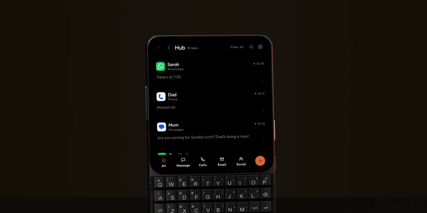 A phone standing on a dark desk with the Keyboard Launcher Pro Hub, every notification in one minimal list