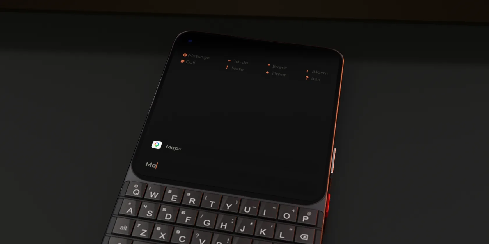 A close view of a keyboard phone typing a command on a minimal Android launcher