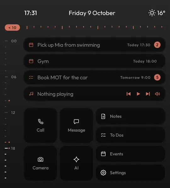 Keyboard Launcher Pro minimal home screen with the clock, weather, next events and tiles in grey text