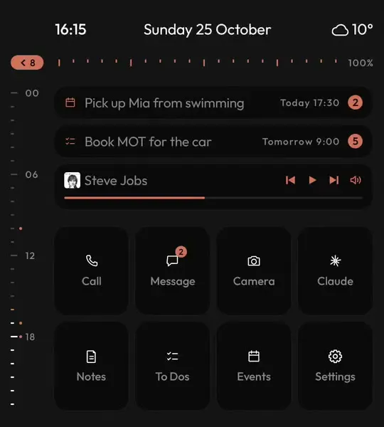 Minimal Android launcher home screen in grey text with one accent colour and no app grid