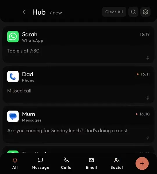 Every notification in one list on a minimal Android launcher, with no badges on the home screen