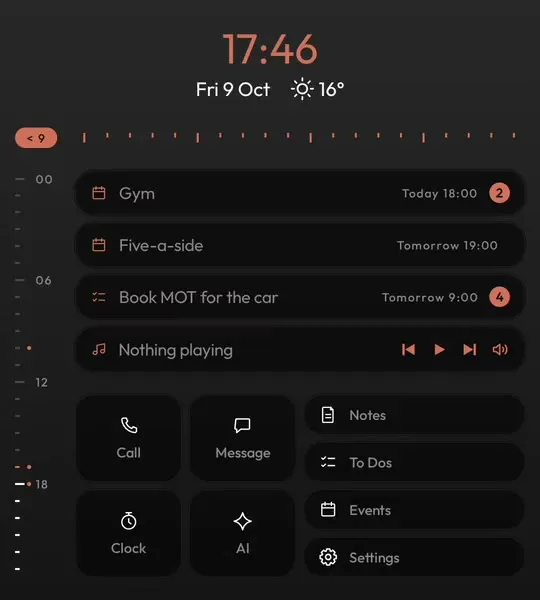 Minimal launcher with a large centred clock, the date and the weather