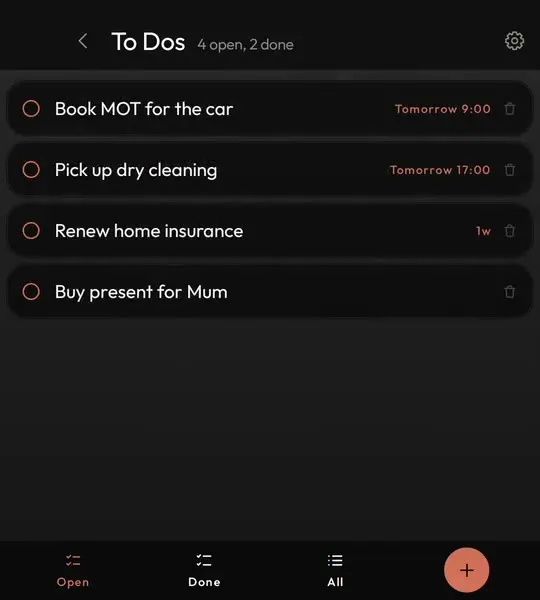 A minimal to-do list in plain text with due times