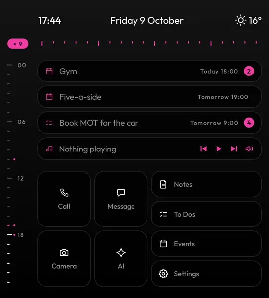 The minimal home screen with a pink accent colour
