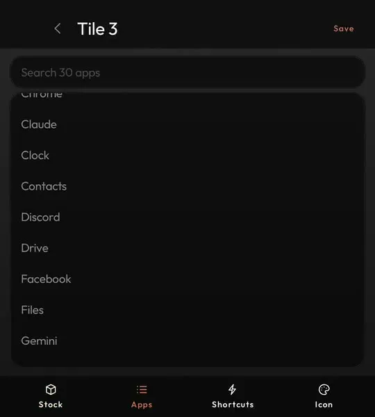 Picking an app from a plain text list in the tile editor