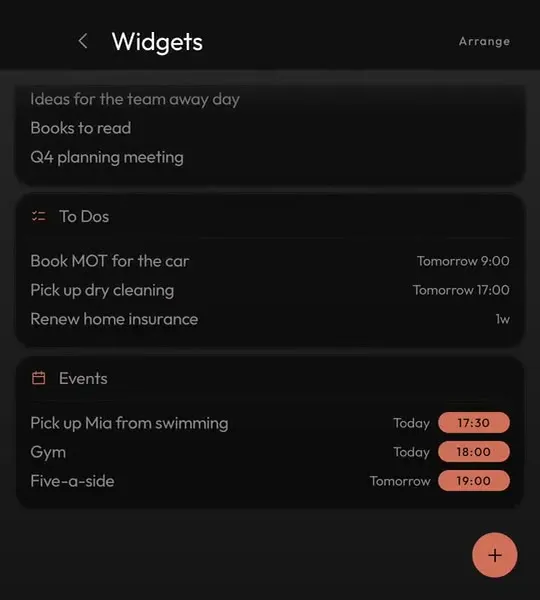 Notes, to-do and event widgets on the widget page beside home on the Titan 2
