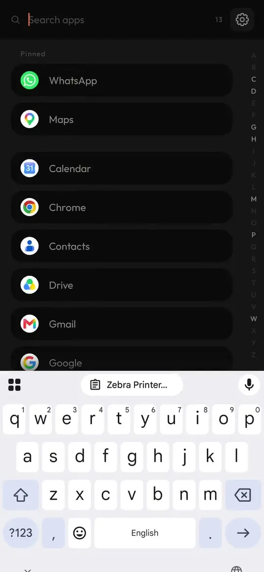 The A to Z app list on a touchscreen phone, opened with the keyboard ready