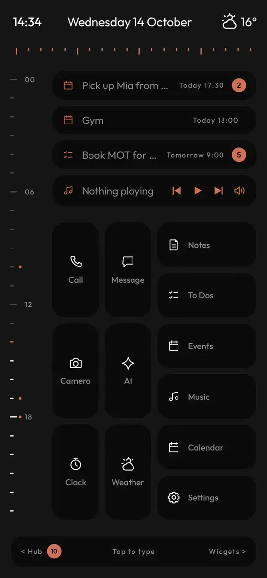 Keyboard Launcher Pro home screen on a tall touchscreen Android phone, with twelve tiles and the Tap to type bar