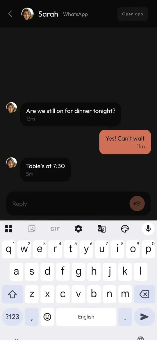 A WhatsApp chat with Sarah opened from the Hub on a touchscreen phone, with the keyboard up to reply