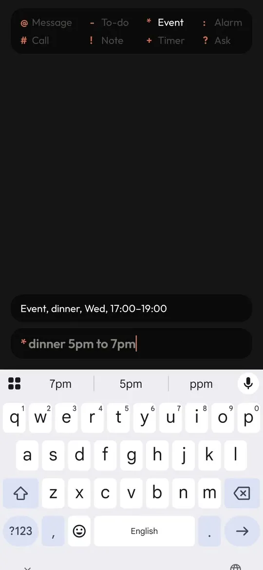 Typing *dinner 5pm to 7pm on a touchscreen phone, with the event preview and the commands panel at the top
