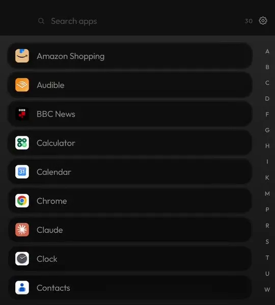 The A to Z app drawer with a letter rail down the right